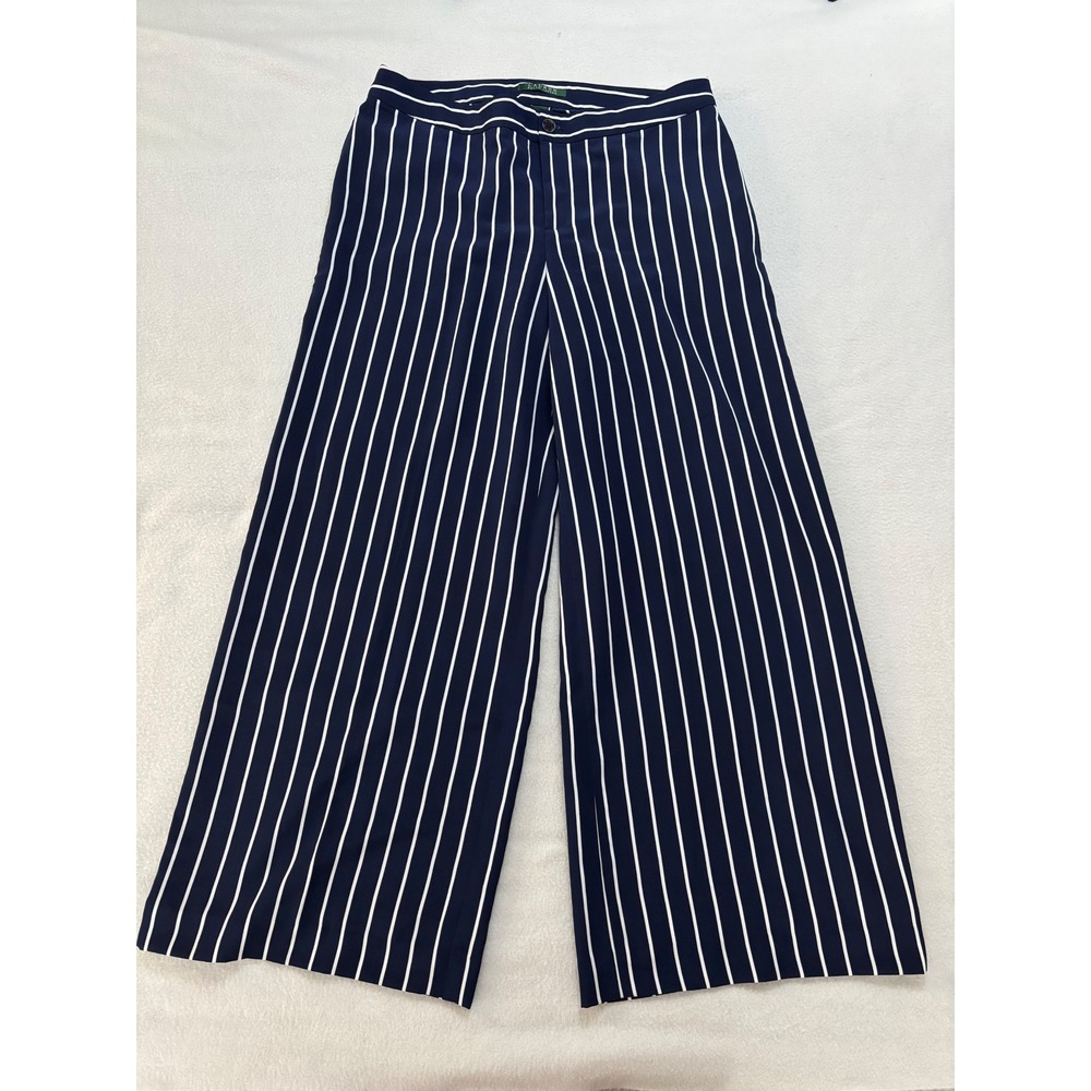 Lauren Ralph Lauren Navy White Striped Wide Leg Pants Trousers Size 10